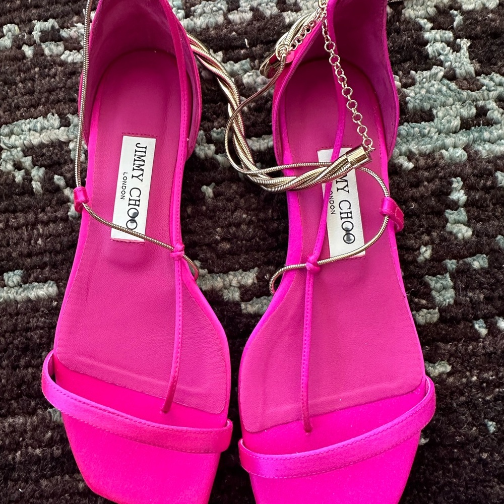 Jimmy Choo Oriana Chain-Embelisshed Satin Sandals (never worn)